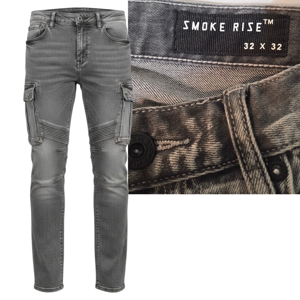 Smoke Rise Cargo Jeans Mens 32x32 Gray Moto Biker Slim Fit Denim Pants